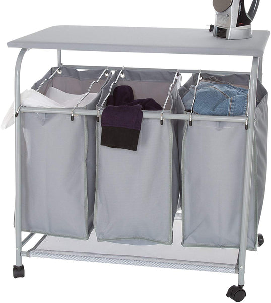Lavish Home Rolling 3 Bin Laundry Sorter and Ironing Station-Gray
