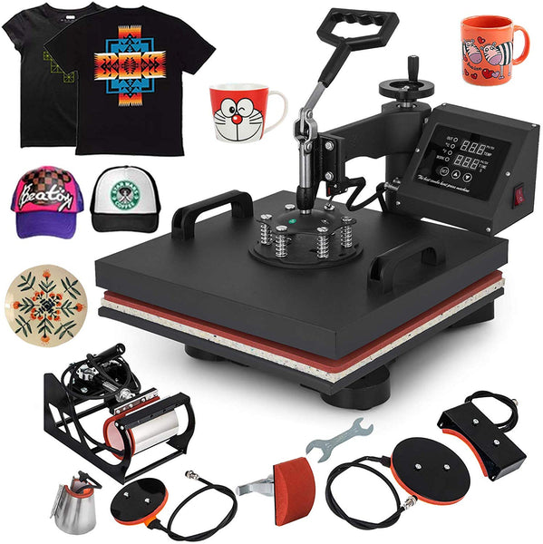 Mophorn Heat Press 15x15 inch 6pcs Heat Press Machine 1050W Multifunctional Sublimation Dual LED Display Heat Press Machine for t Shirts Swing Away Design (15x15Inch, 6IN1 Element)