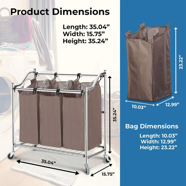 STORAGE MANIAC 3-Section Heavy Duty Laundry Hamper Sorter, Superior Steel Rolling Laundry Cart with Removable Bags, Chrome