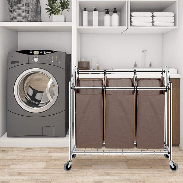STORAGE MANIAC 3-Section Heavy Duty Laundry Hamper Sorter, Superior Steel Rolling Laundry Cart with Removable Bags, Chrome