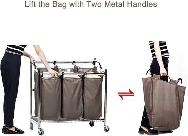STORAGE MANIAC 3-Section Heavy Duty Laundry Hamper Sorter, Superior Steel Rolling Laundry Cart with Removable Bags, Chrome