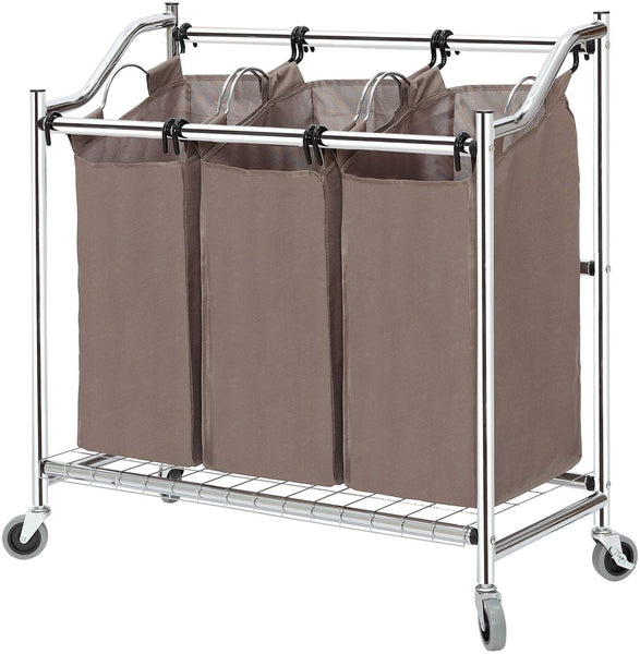 STORAGE MANIAC 3-Section Heavy Duty Laundry Hamper Sorter, Superior Steel Rolling Laundry Cart with Removable Bags, Chrome