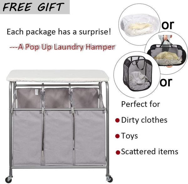 STORAGE MANIAC Laundry Sorter with Ironing Board 3-Section Heavy-Duty Rolling Laundry Cart with Free Laundry Hamper, Grey