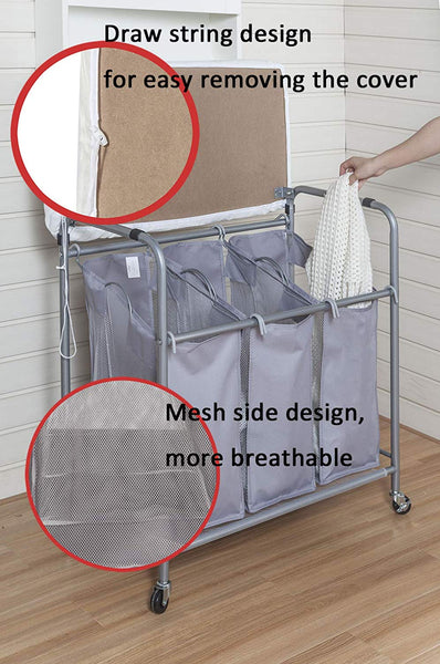 STORAGE MANIAC Laundry Sorter with Ironing Board 3-Section Heavy-Duty Rolling Laundry Cart with Free Laundry Hamper, Grey