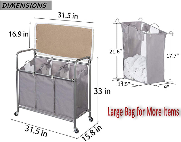 STORAGE MANIAC Laundry Sorter with Ironing Board 3-Section Heavy-Duty Rolling Laundry Cart with Free Laundry Hamper, Grey