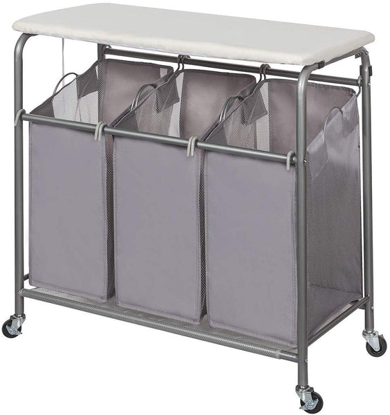 STORAGE MANIAC Laundry Sorter with Ironing Board 3-Section Heavy-Duty Rolling Laundry Cart with Free Laundry Hamper, Grey