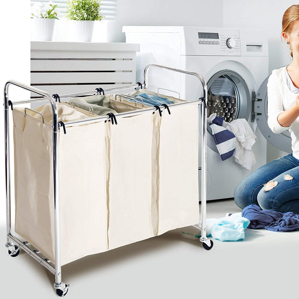 Seville Classics Mobile 3-Bag Heavy-Duty Laundry Hamper Sorter Cart