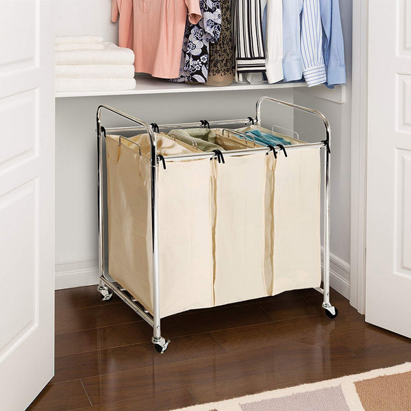 Seville Classics Mobile 3-Bag Heavy-Duty Laundry Hamper Sorter Cart