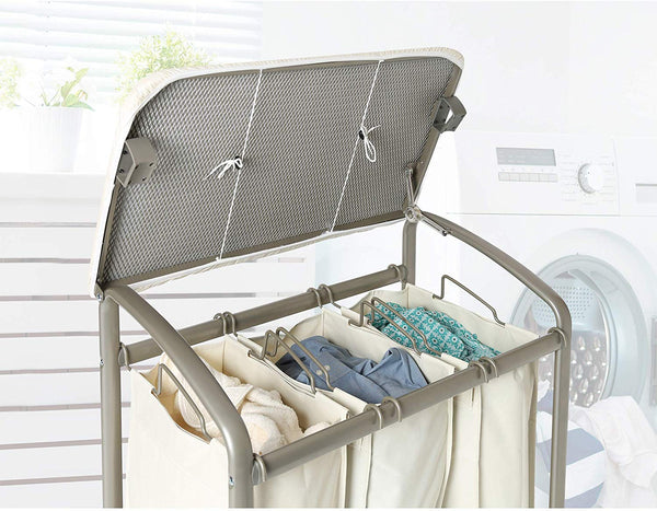 Seville Classics Mobile 3-Bag Laundry Hamper Sorter with Folding Table Cart, Champagne Gold