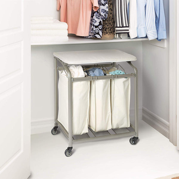 Seville Classics Mobile 3-Bag Laundry Hamper Sorter with Folding Table Cart, Champagne Gold