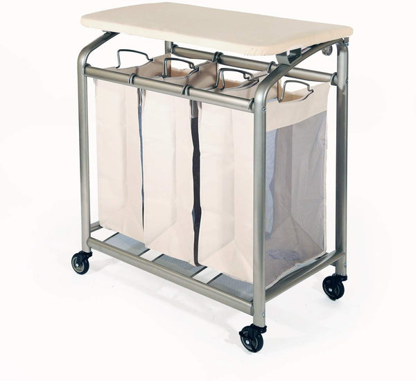 Seville Classics Mobile 3-Bag Laundry Hamper Sorter with Folding Table Cart, Champagne Gold