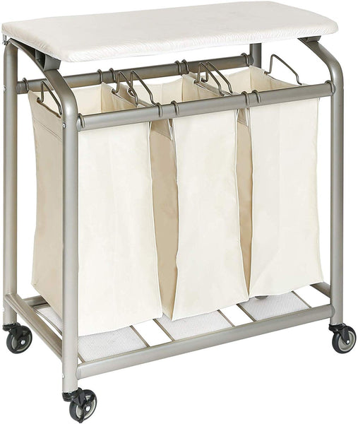 Seville Classics Mobile 3-Bag Laundry Hamper Sorter with Folding Table Cart, Champagne Gold
