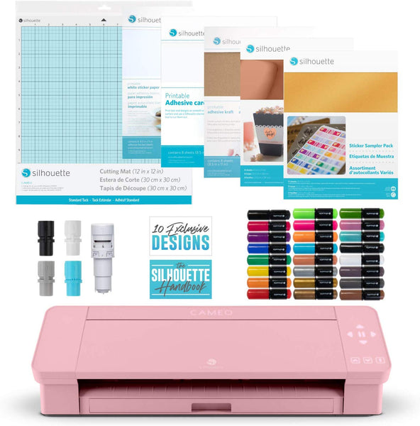 Silhouette Cameo 4 Craft Bundle, Sketch Pens, Sticker, Tattoo and Kraft Paper, Sample Pack, Printable Cardstock, Silhouette Handbook and 10 Designs - Pink Edition