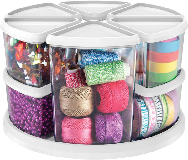 Deflecto Rotating Carousel Craft Storage Organizer, 9-Canister Configuration Includes 3" and 6" Canisters, Removable, Clear, White Lids