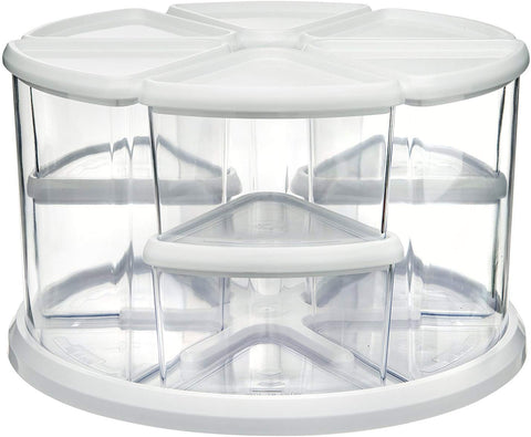 Deflecto Rotating Carousel Craft Storage Organizer, 9-Canister Configuration Includes 3" and 6" Canisters, Removable, Clear, White Lids