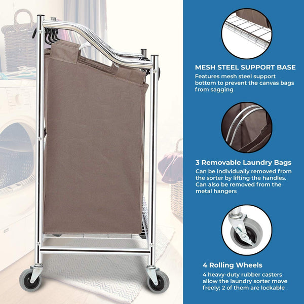 STORAGE MANIAC 3-Section Heavy Duty Laundry Hamper Sorter, Superior Steel Rolling Laundry Cart with Removable Bags, Chrome