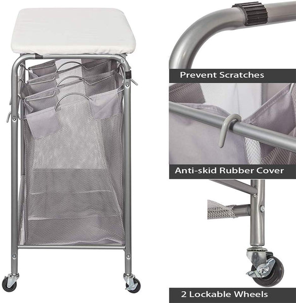 STORAGE MANIAC Laundry Sorter with Ironing Board 3-Section Heavy-Duty Rolling Laundry Cart with Free Laundry Hamper, Grey