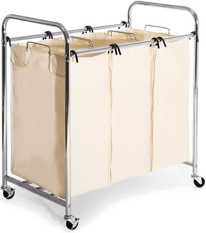 Seville Classics Mobile 3-Bag Heavy-Duty Laundry Hamper Sorter Cart