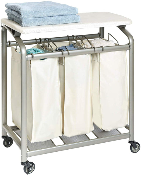 Seville Classics Mobile 3-Bag Laundry Hamper Sorter with Folding Table Cart, Champagne Gold